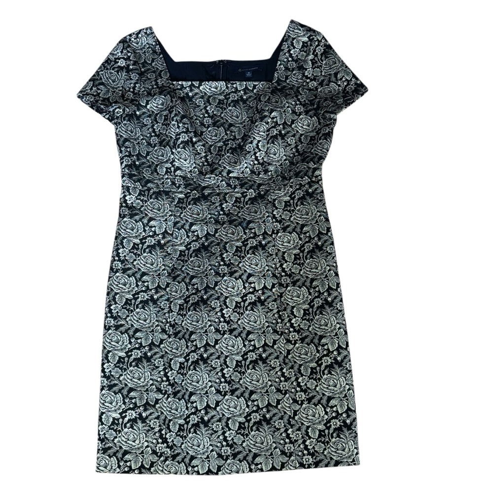 Brooks Brothers Black Gold Metallic Dress Womens Size 14 Floral Short Mini Cap